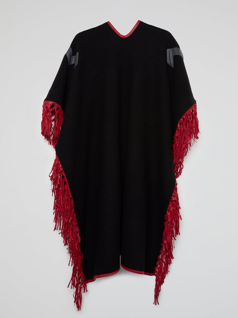 Black Contrast Fringe Hem Poncho