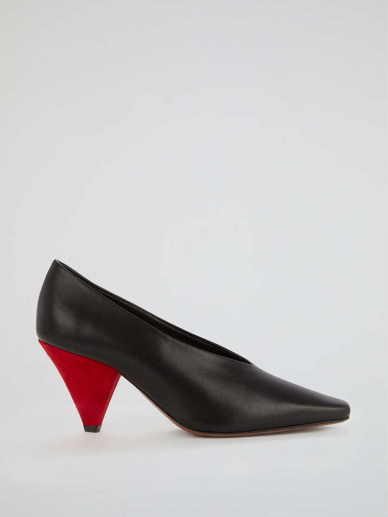 Aunty Black Leather Triangle Heel Pumps