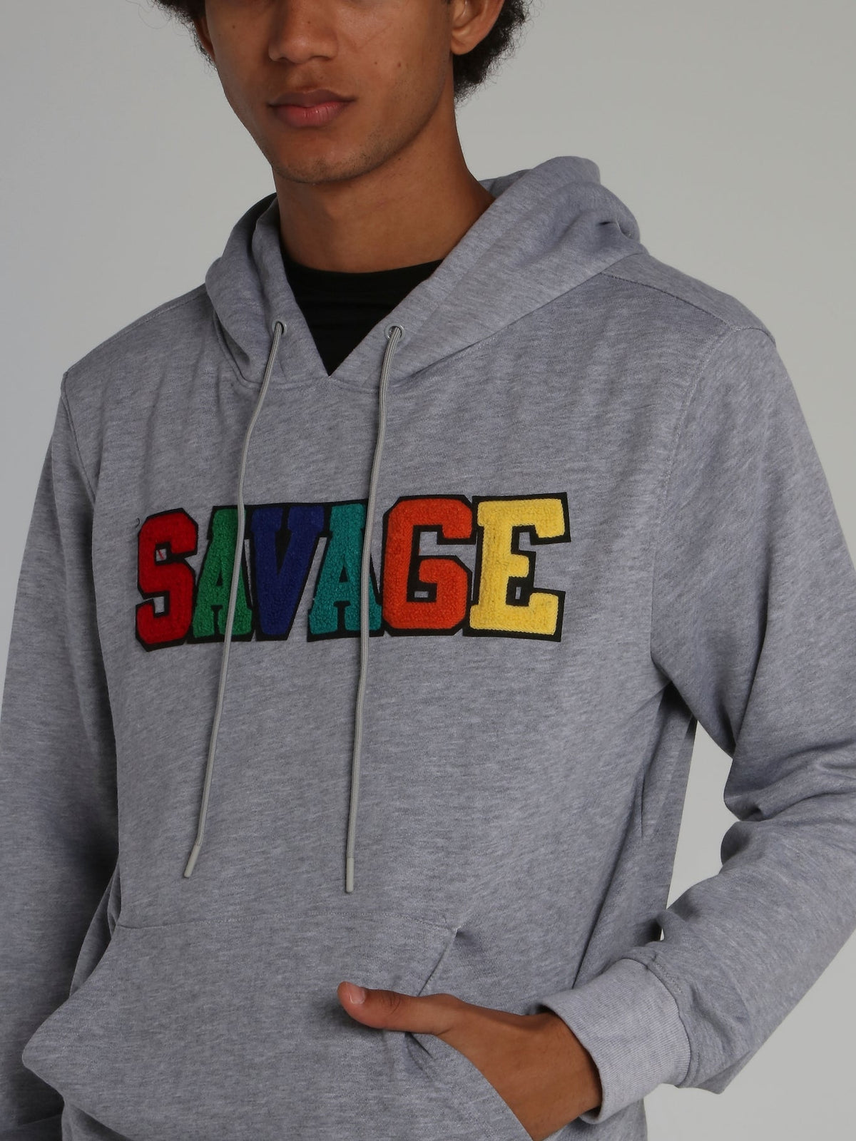 Grey Savage Appliqu��d Logo Drawstring Hoodie