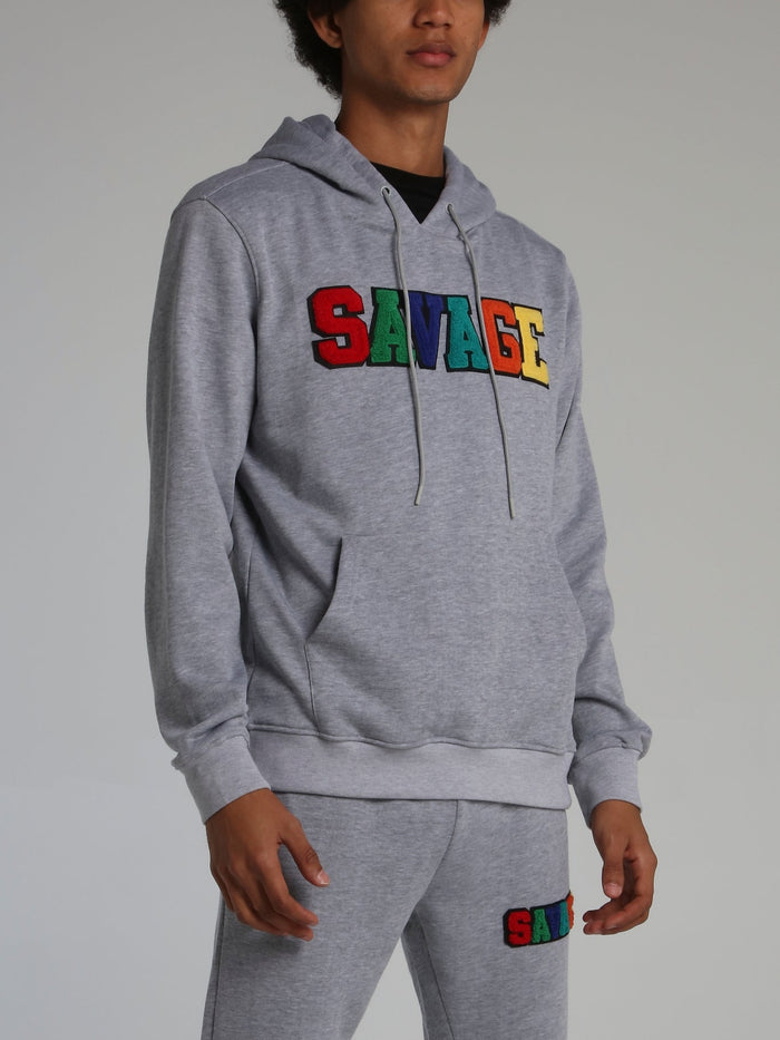 Grey Savage Appliqu��d Logo Drawstring Hoodie