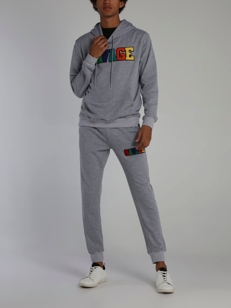 Grey Savage Appliqu��d Logo Drawstring Hoodie