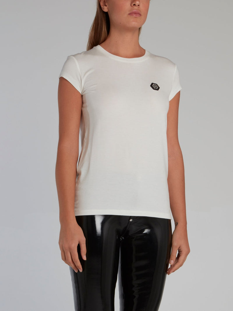 White Appliqu��d Cap Sleeve T-Shirt