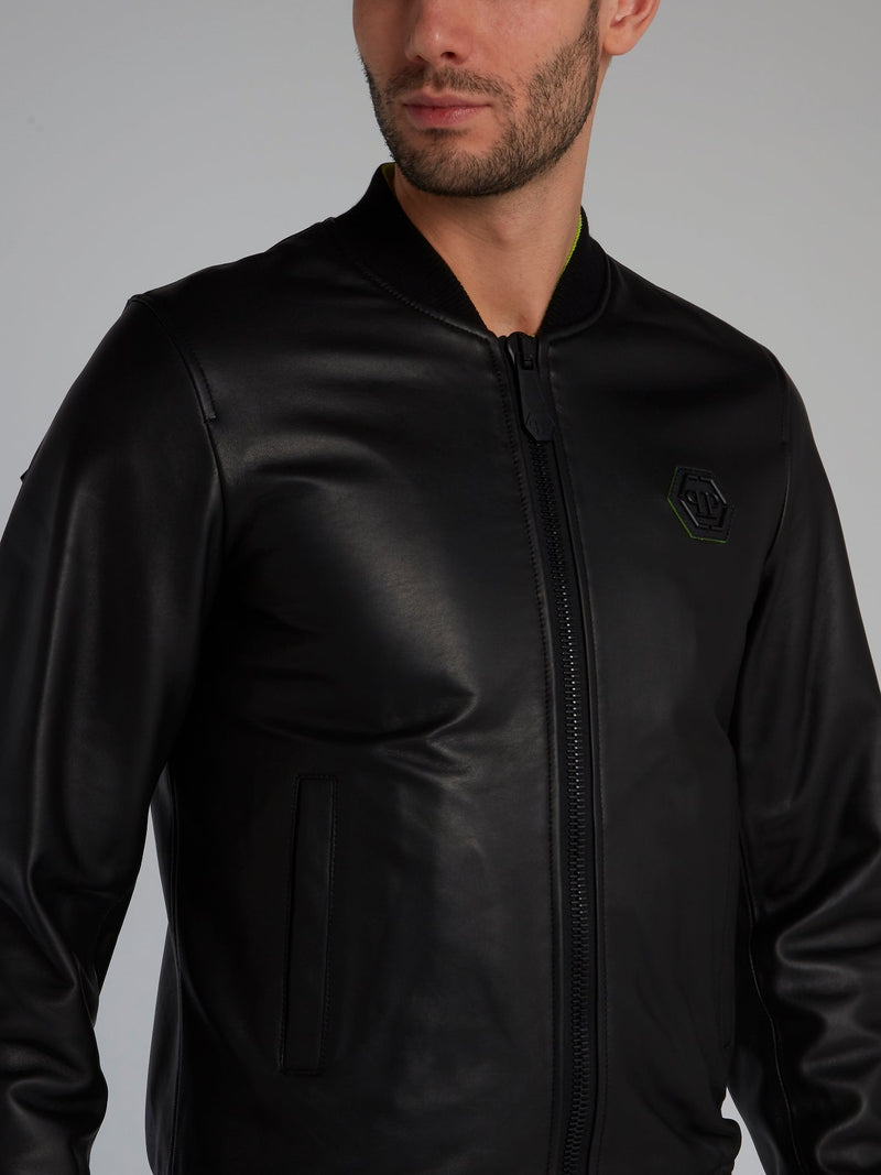 Black Sheepskin Leather Bomber Jacket