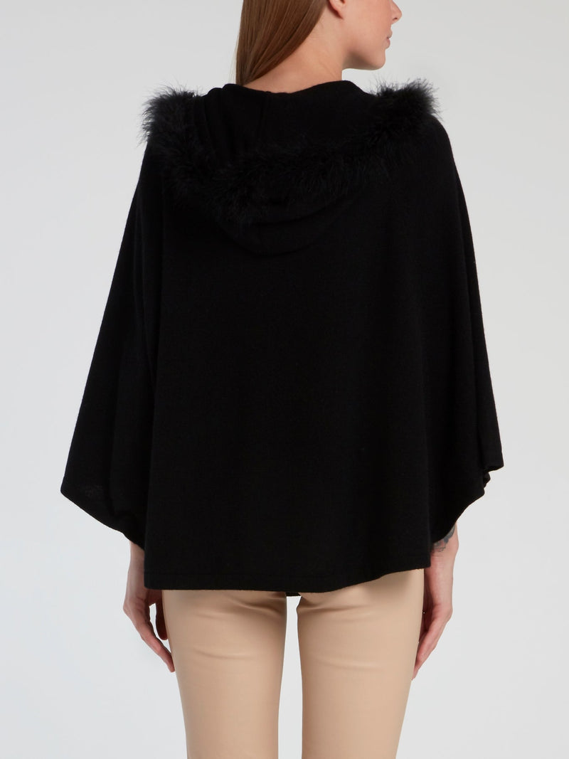 Black Fur Hood Knit Poncho