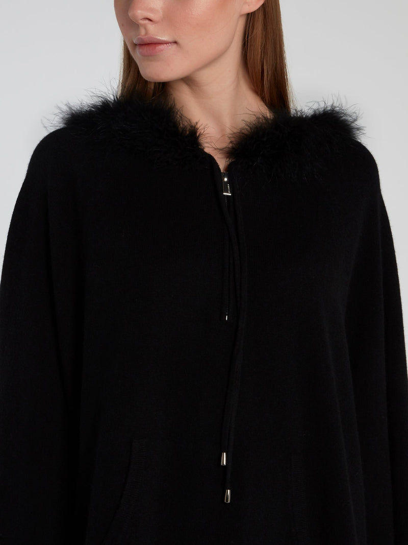 Black Fur Hood Knit Poncho