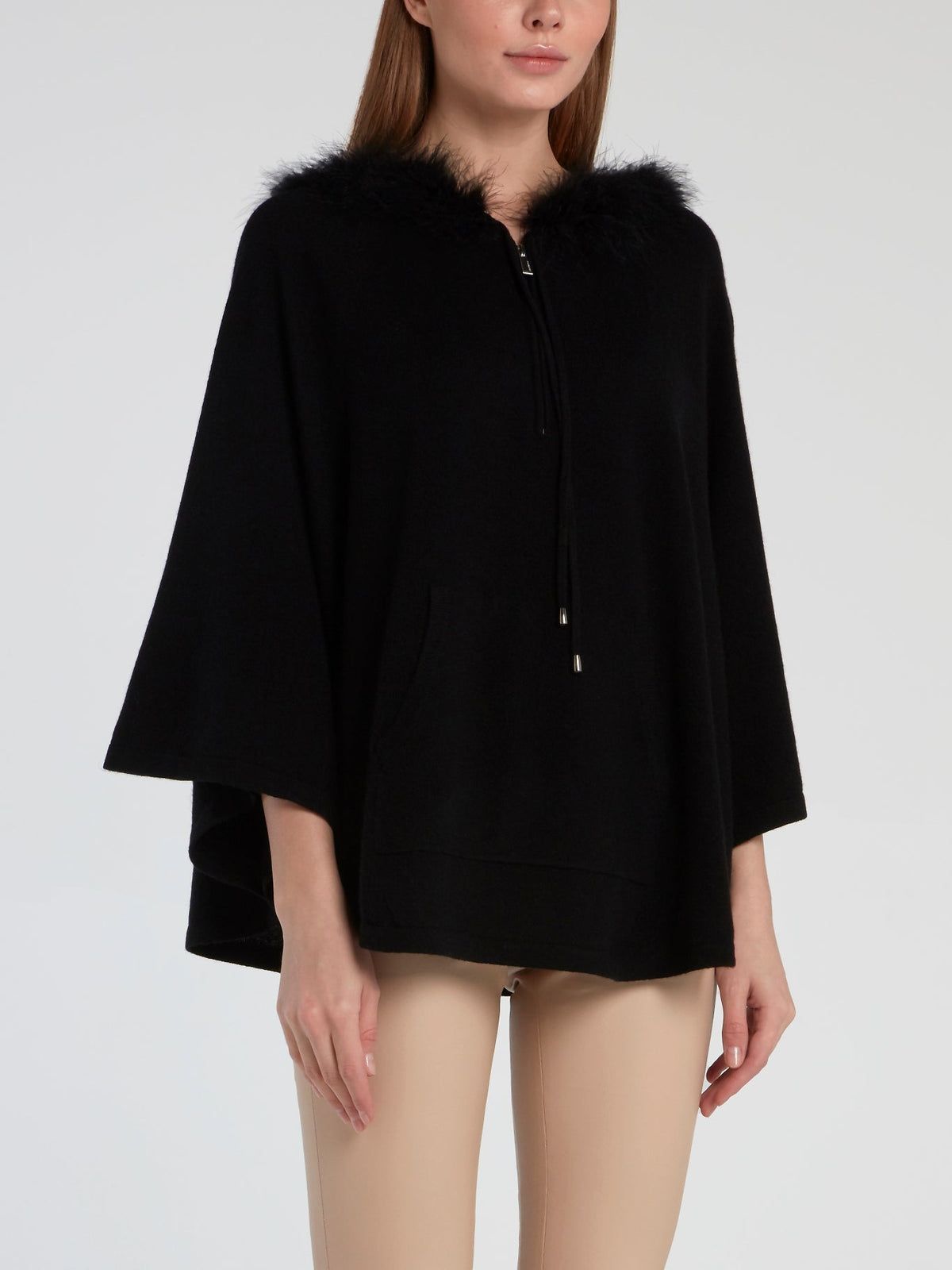 Black Fur Hood Knit Poncho