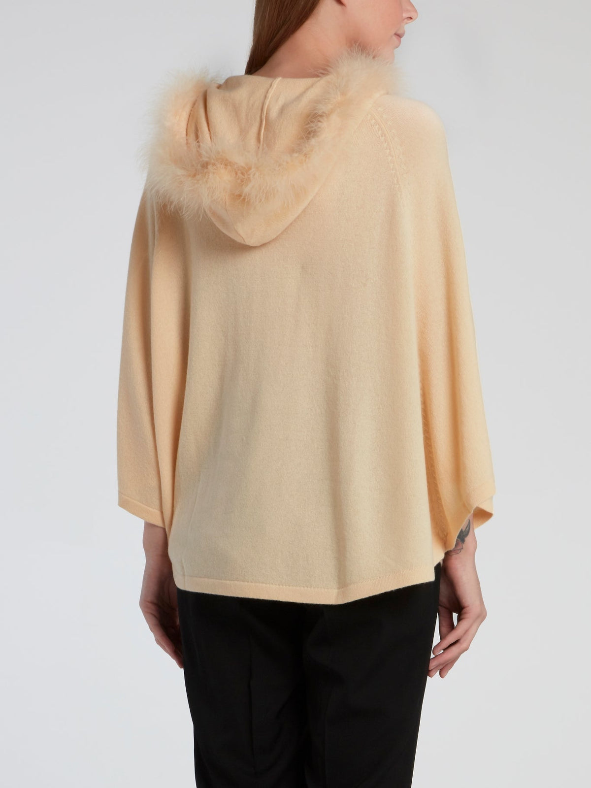 Beige Fur Hood Knit Poncho