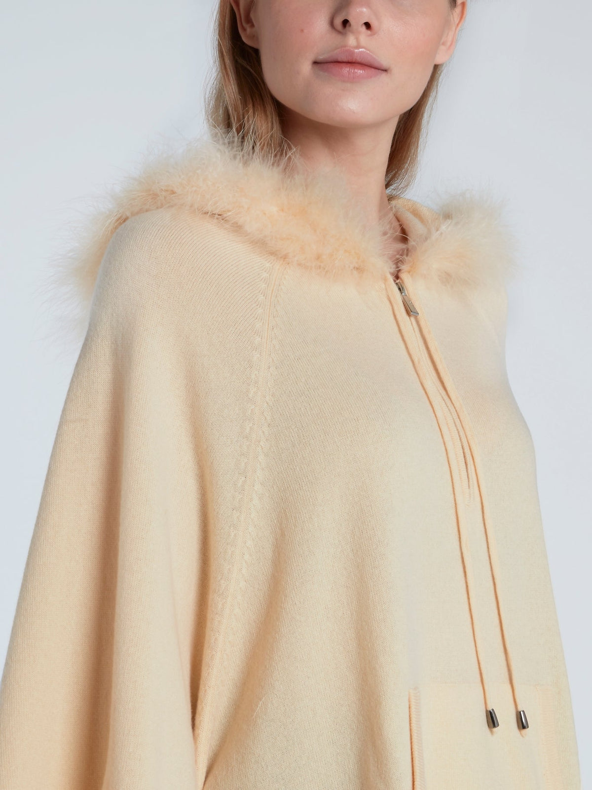 Beige Fur Hood Knit Poncho