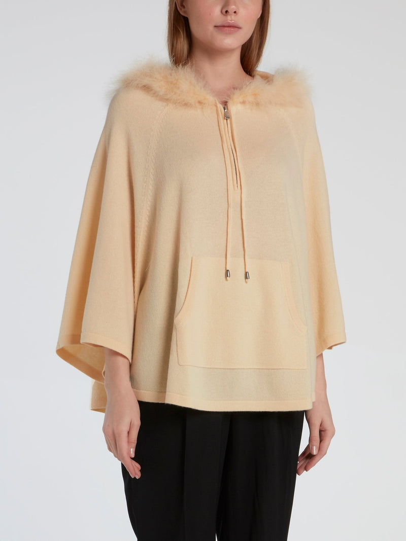 Beige Fur Hood Knit Poncho