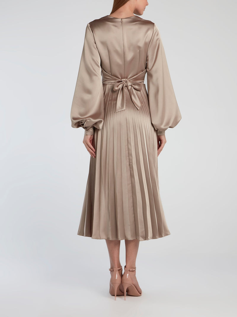 Beige Surplice Accordion Midi Dress