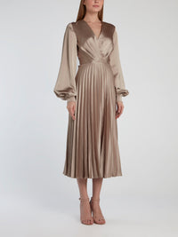 Beige Surplice Accordion Midi Dress