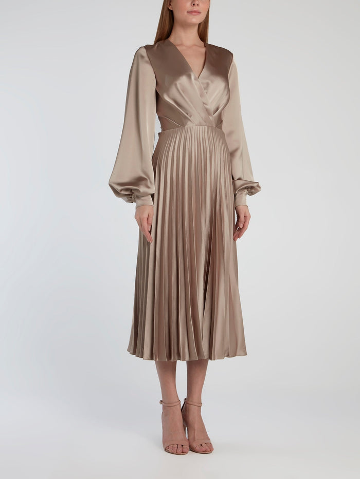 Beige Surplice Accordion Midi Dress