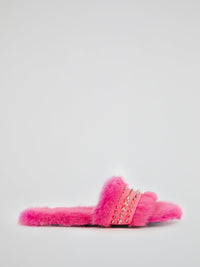 Pink Spike Studded Fur Slippers