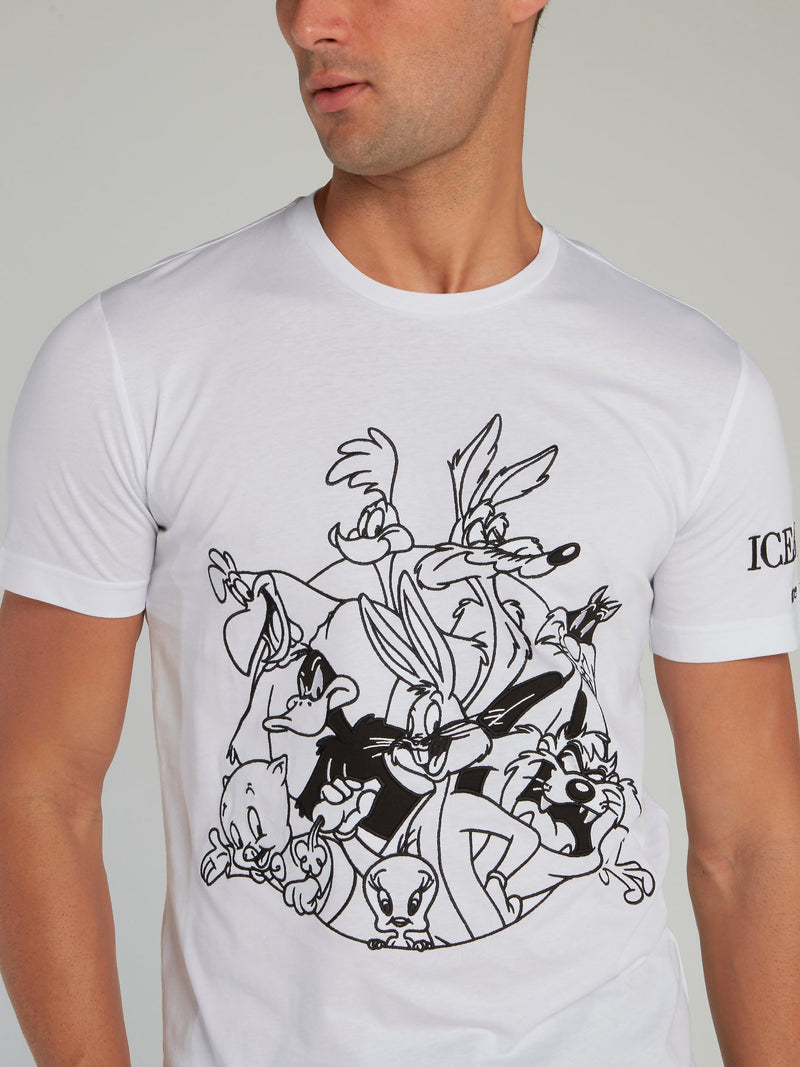 Looney Tunes White Contrast Embroidered T-Shirt