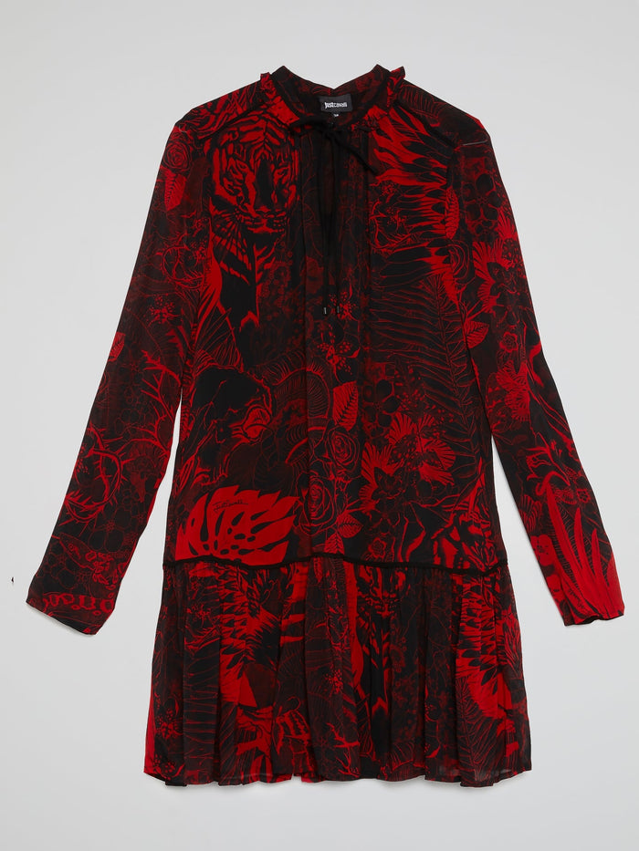 Red Jungle Print Flared Shirt Dress