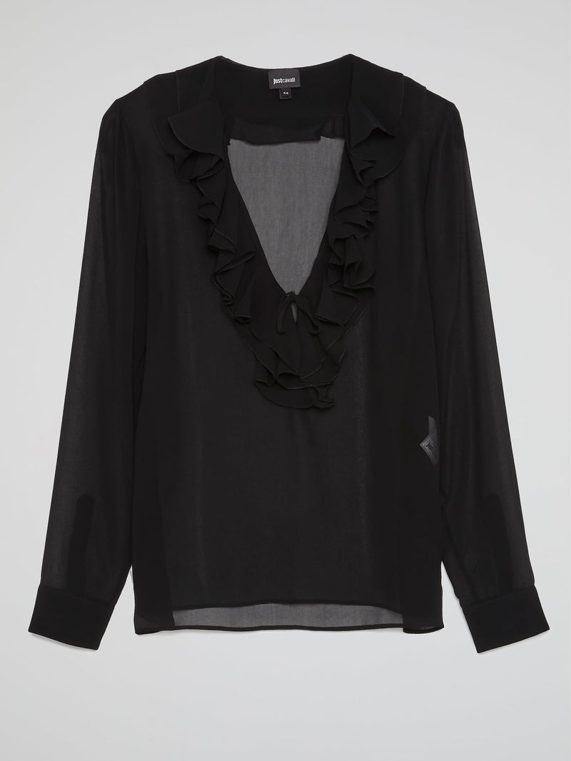 Black Frill Detail Sheer Mesh Blouse