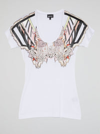 White Printed Scoop Neck T-Shirt