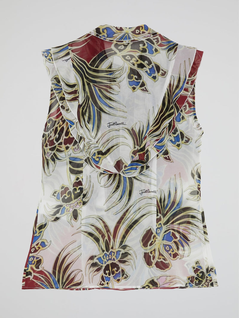 Printed Frill Bib Sleeveless Top