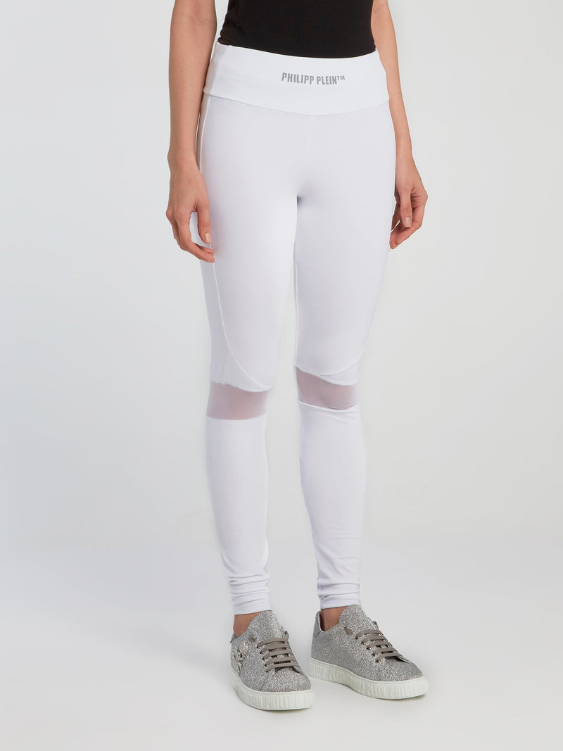 White Mesh Panel Track Tights