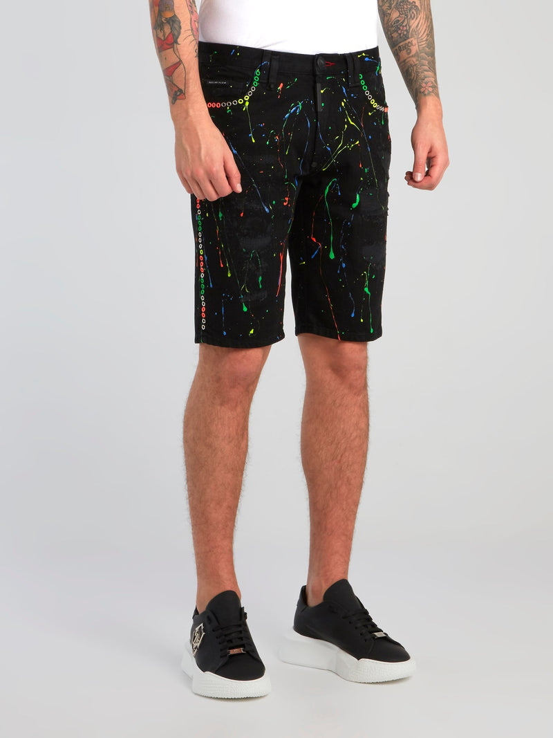 Black Paint Splatter Distressed Bermudas