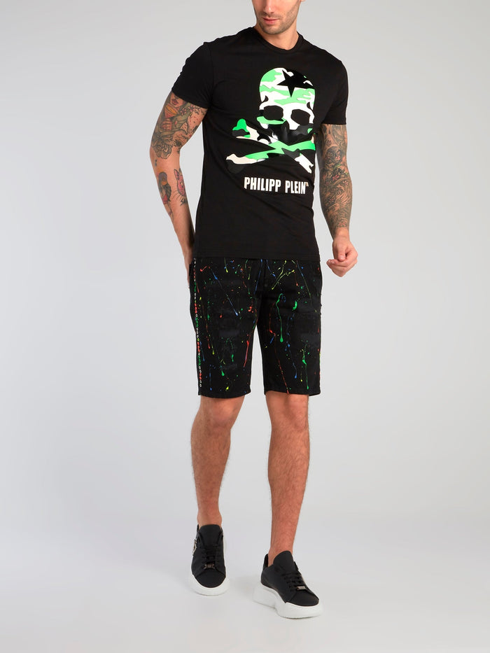 Black Paint Splatter Distressed Bermudas