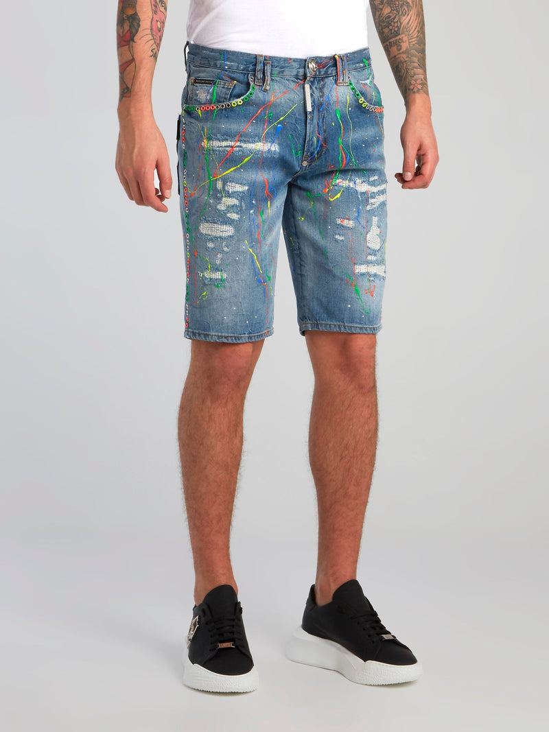 Blue Paint Splatter Distressed Bermudas