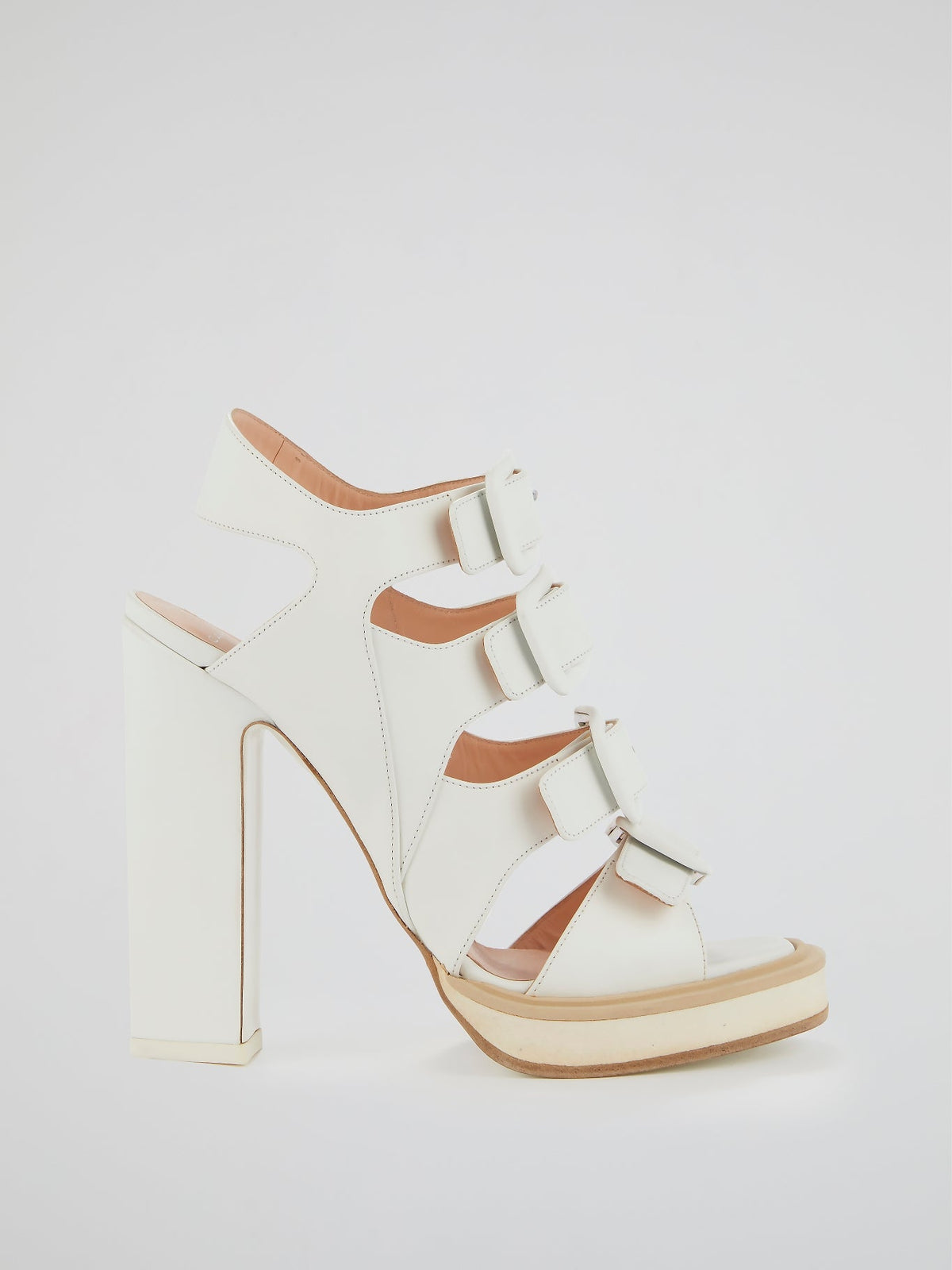 White Multi-Buckle Block Heel Sandals