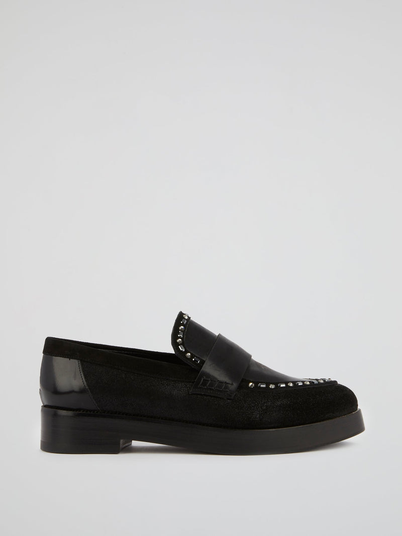 Black Crystal Leather Loafers