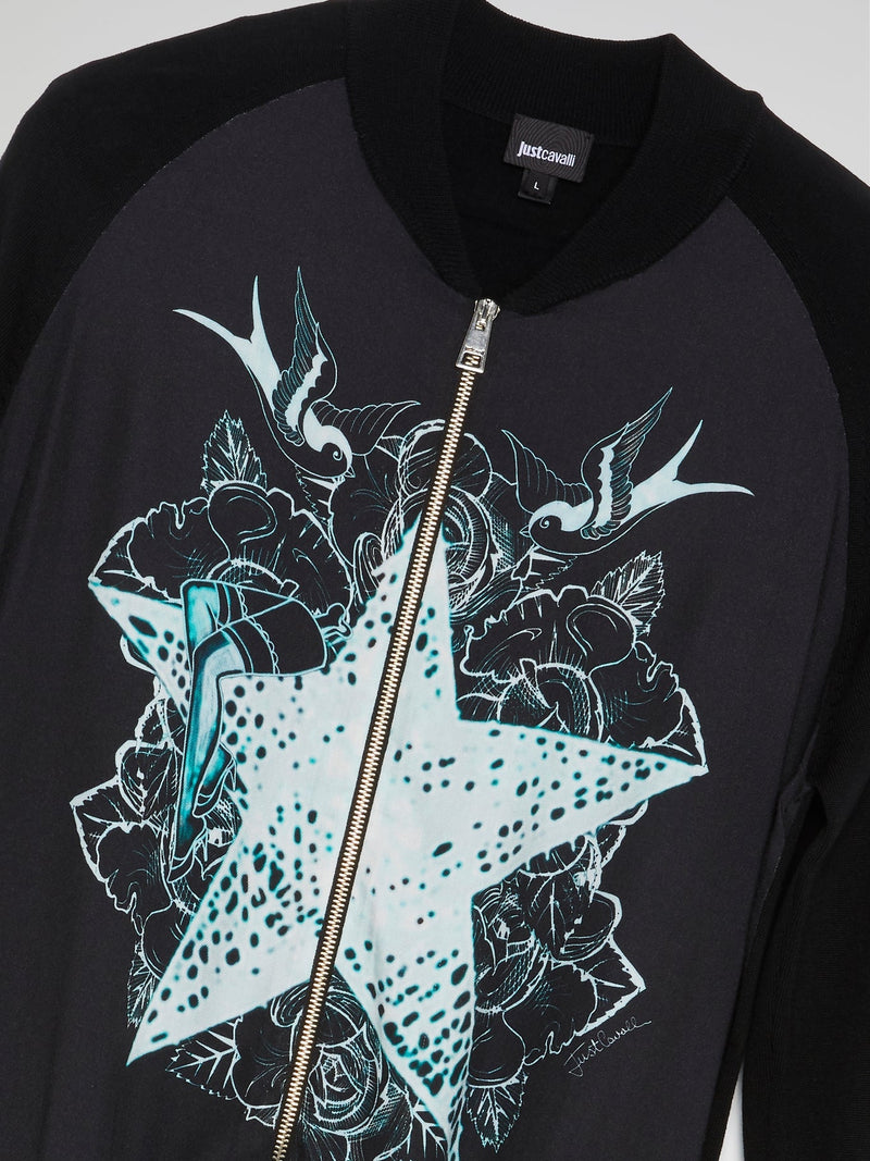 Black Printed Zip Up Sweatshirt