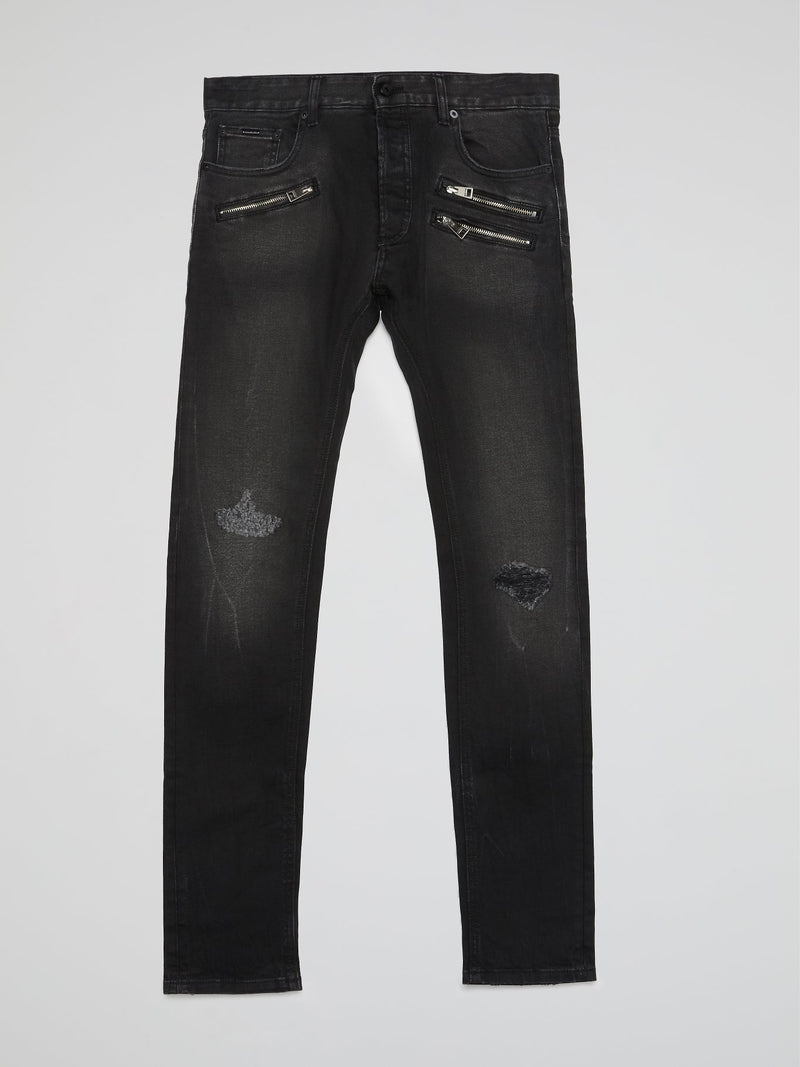 Black Zip Detail Distressed Jeans