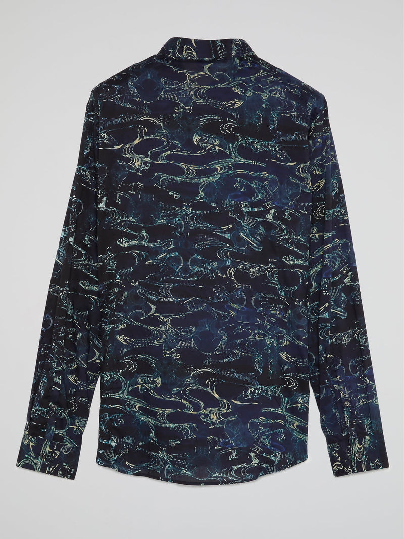 Navy Printed Button Up Shirt