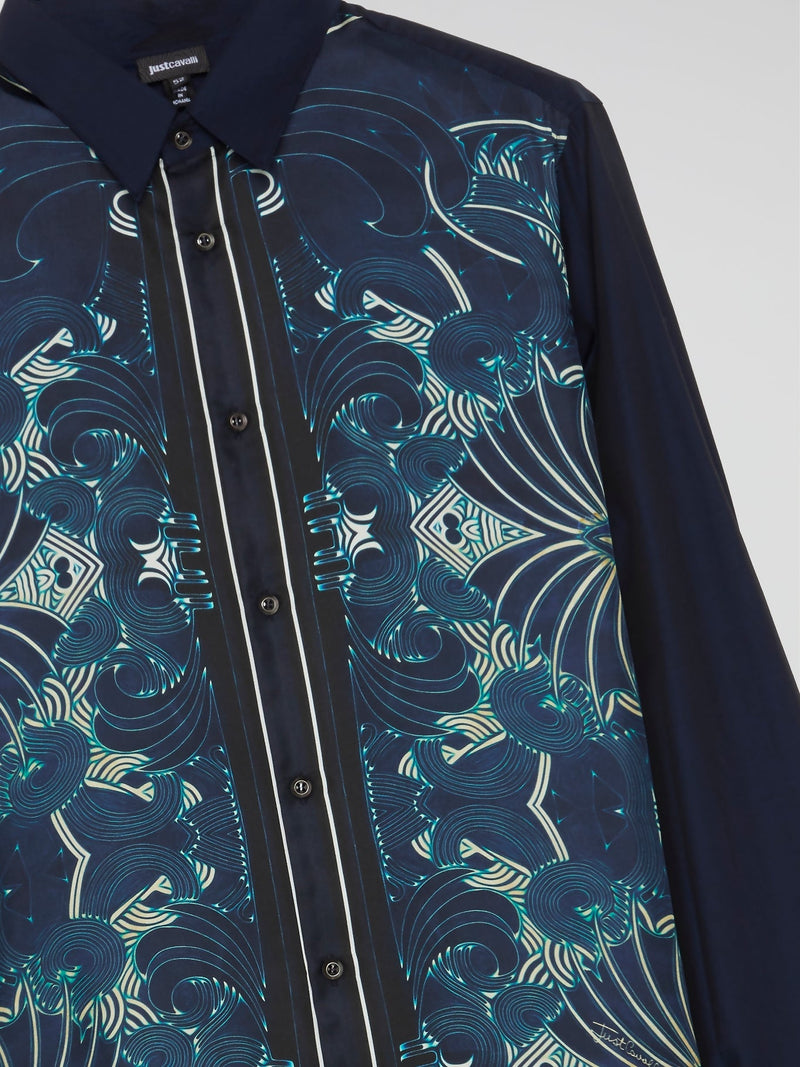 Navy Oriental Print Long Sleeve Shirt