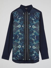 Navy Oriental Print Long Sleeve Shirt