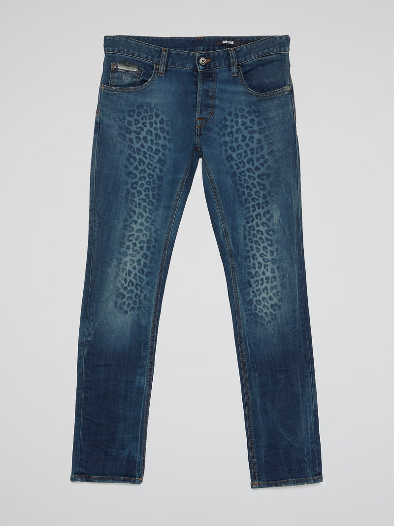 Navy Leopard Print Denim Jeans