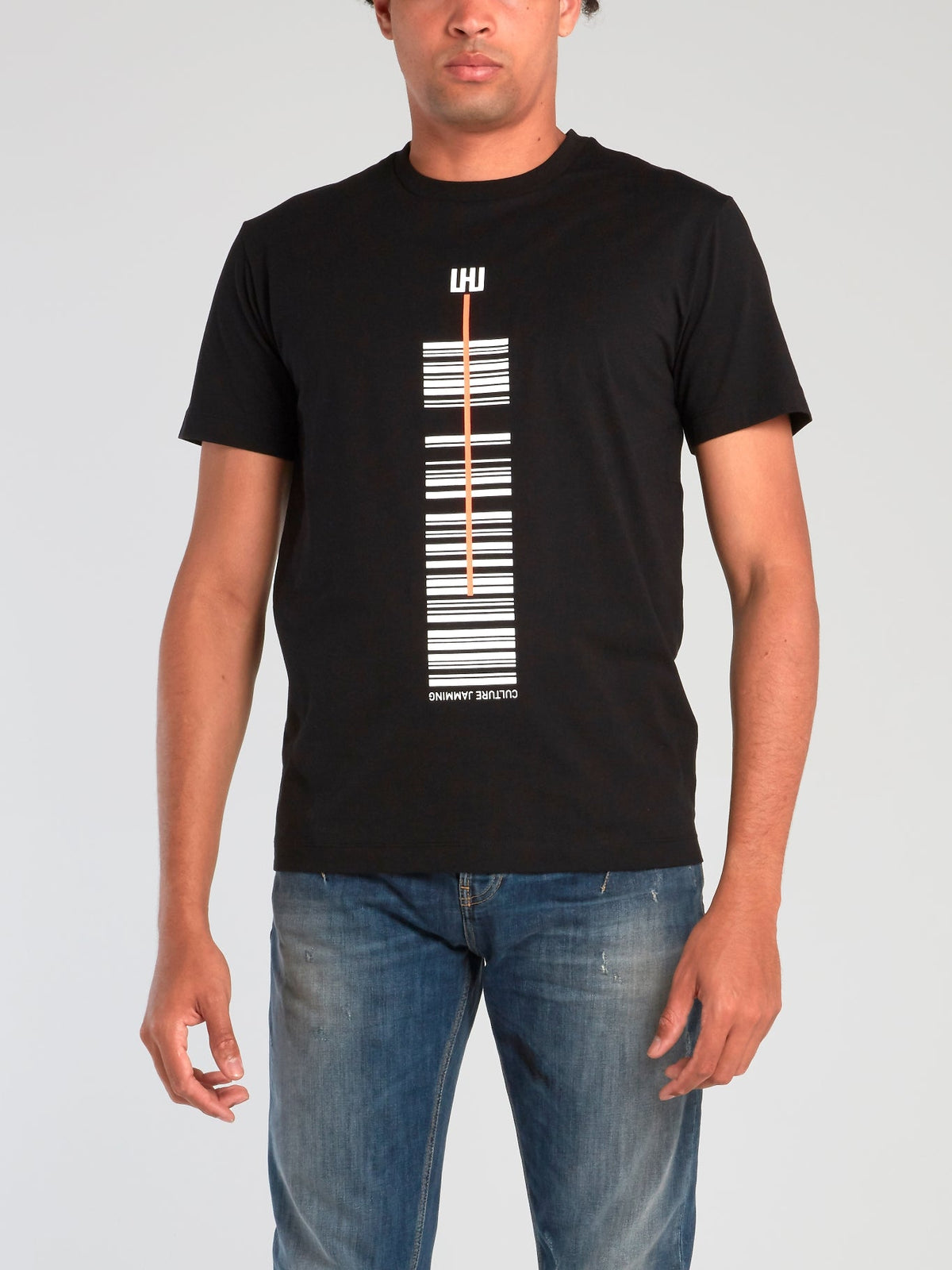 Black Barcode Print Crewneck T-Shirt