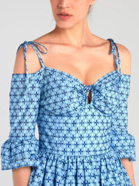 Blue Embroidered Frill Mini Dresses