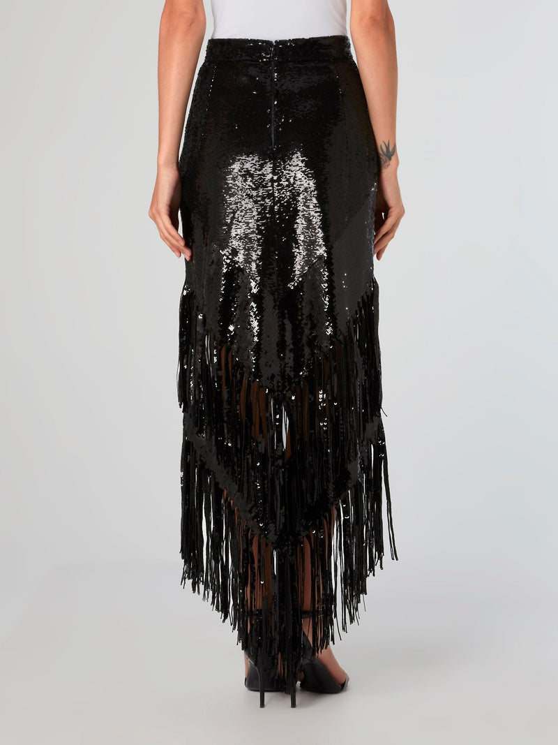 Black Fringe Hem Sequin Skirt