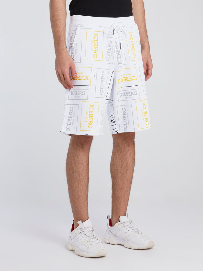 White Logo Print Drawstring Shorts