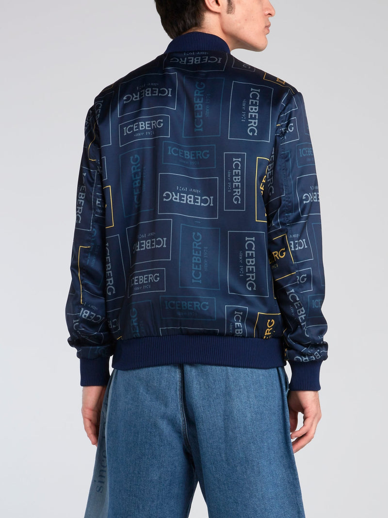 Navy Logo Print Bomber Jacket