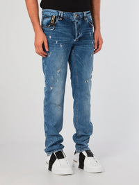 Blue Distressed Straight Cut Jeans