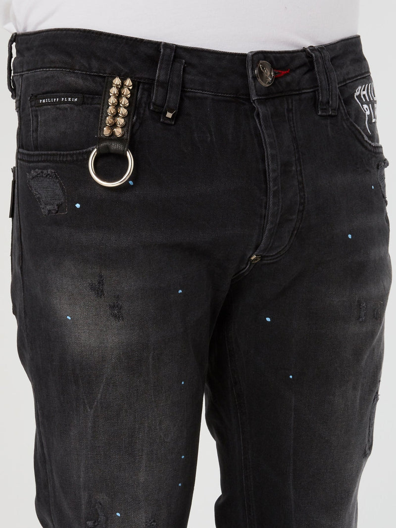 Black Distressed Straight Cut Jeans