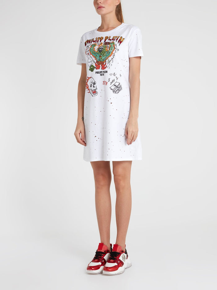 White Distressed Graffiti T-Shirt Dress