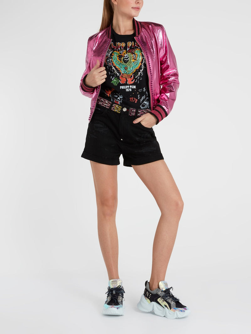 Pink Embellished Leather Bomber Jacket