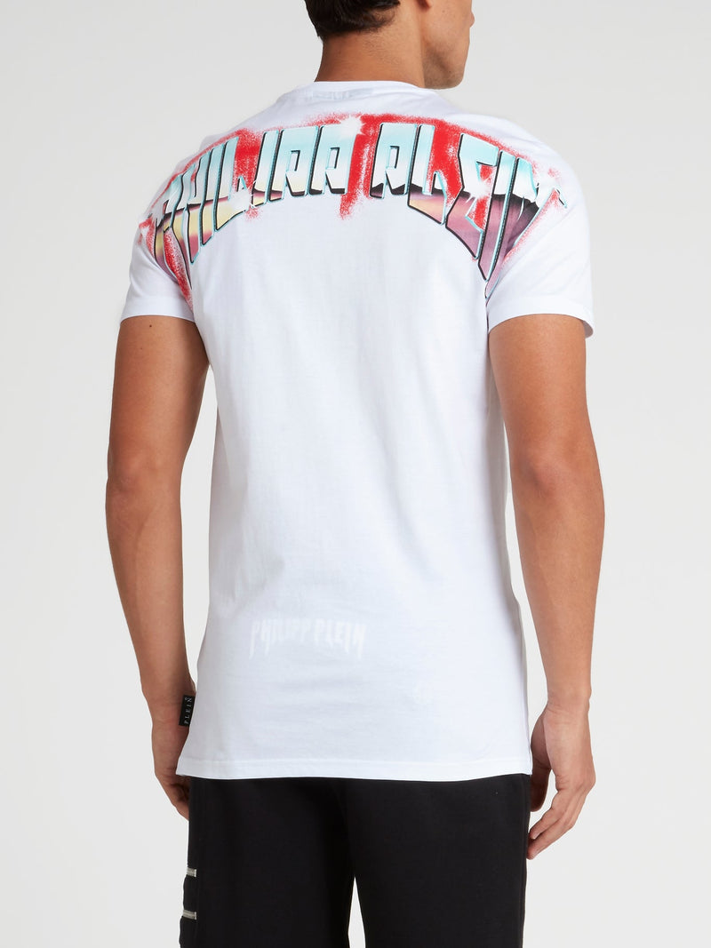 White Graphic Print Studded T-Shirt