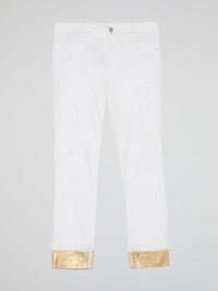 White Contrast Hem Pants