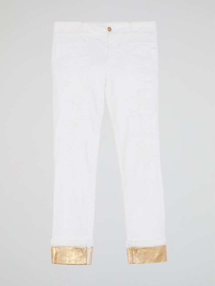 White Contrast Hem Pants