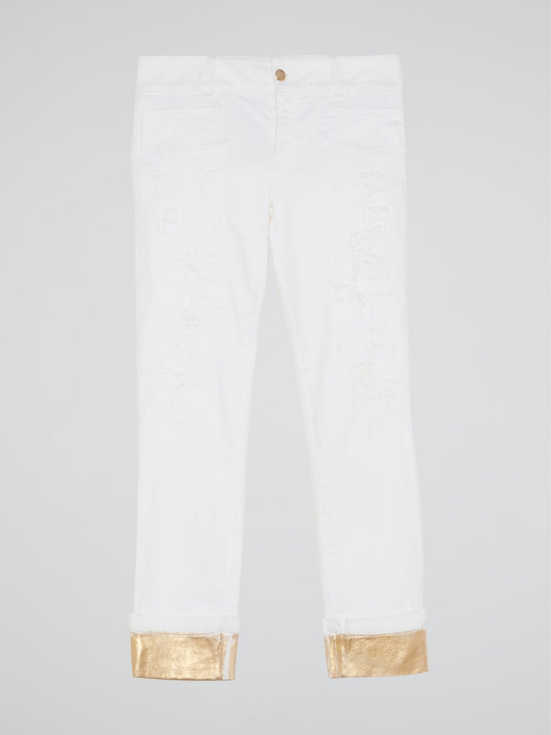 White Contrast Hem Pants