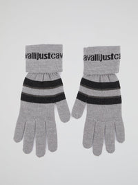 Grey Striped Knitted Gloves