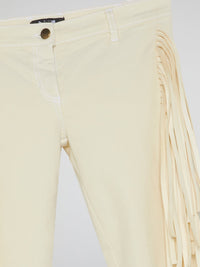 White Fringe-Detail Trousers