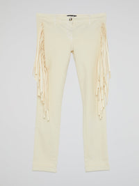 White Fringe-Detail Trousers